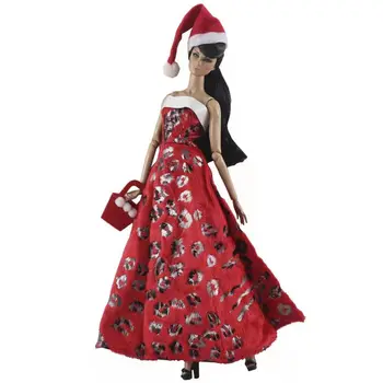 1: 6 Mutlu noel kıyafeti için barbie bebek Elbise BJD FR SD Giysileri Kırmızı Kapalı Omuz Elbise Şapka Çanta 11.5 