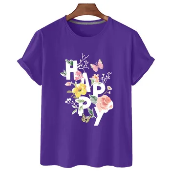 100 % Pamuk Mutlu Çiçek Baskı kısa kollu tişört kadın 2022 Yaz kadın günlük t-shirt Unisex kısa kollu tişört S-4XL