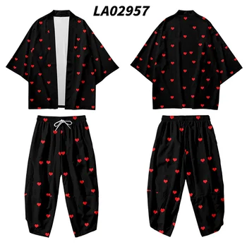 2 adet Takım Elbise Artı Boyutu 6XL Gevşek Siyah Beyaz Japon Samurai Harajuku Kimono Hırka Kadın Erkek Cosplay Yukata Üstleri pantolon seti