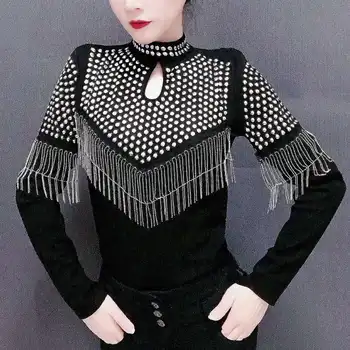2021 Kore Moda Parlak Rhinestone Püsküller Üstleri İçi Boş Balıkçı Yaka Siyah Uzun Kollu Gömlek Kadın Kazak Clubwear DJ Dans Üst