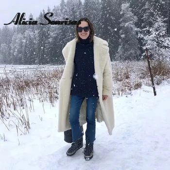 2021 Kış Uzun Faux Kürk Trim Ceket Kadın Moda Katı Pamuk Yün Turn-aşağı Yaka Retro Uzun Kollu Sıcak Ceket Feminino