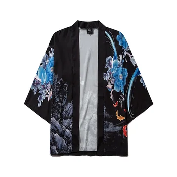 2021 Yaz Kadın Çin Tarzı Siyah Kimono Yukata Rahat Vinç Baskı Geleneksel Kimono Erkekler Japon Elbise Giyim V2026