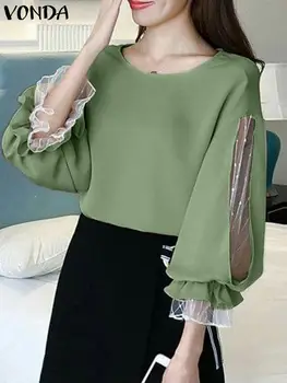 2022 Sonbahar Bluz Yeni Kadın Uzun Puf Kollu See Through Kollu Üstleri VONDA Vintage Katı Renk Gömlek Femininas Bluz Baggy