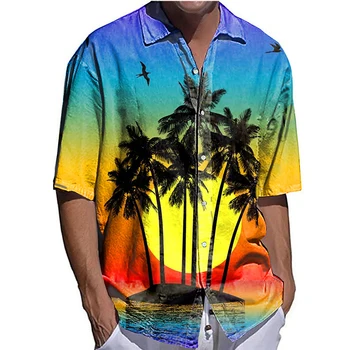 2022 Yaz Hindistan Cevizi Ağacı Hawaii Tatil Gömlek Erkekler İçin erkek Yaka Gömlek Avrupa Ve Amerika Birleşik Devletleri erkek Rahat Kısa Kollu