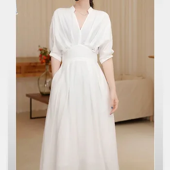 2023 Yaz Pamuk kadın Elbise Beyaz Casual Kadın Uzun Gömlek Elbiseler Bahar Cepler Moda Ofis Bayan Zarif Giyim Yeni