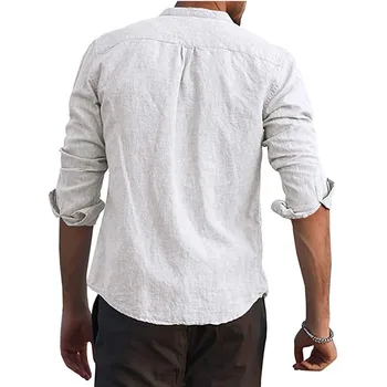 2023 Yaz Yeni Erkek Vintage Uzun Kollu Keten Gömlek Moda Rahat Düz Renk Hawaii Standı Yaka Gömlek Erkekler Camisa Masculina