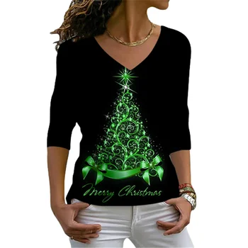 2023 Yeni Moda Noel Ağacı T Shirt Kadın Parti Uzun Kollu Baskı Gömlek Sonbahar Kış Rahat V Yaka Gevşek pamuklu üst giyim Tee