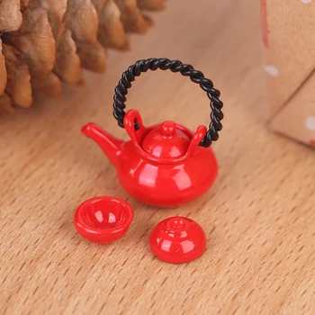 4 adet / takım 1: 12 Evcilik Kırmızı Mobilya Minyatür Çaydanlık Bardak + 3 Bardak Metal çay seti Yemek Gereçleri Oyuncaklar Dollhouse Dekor