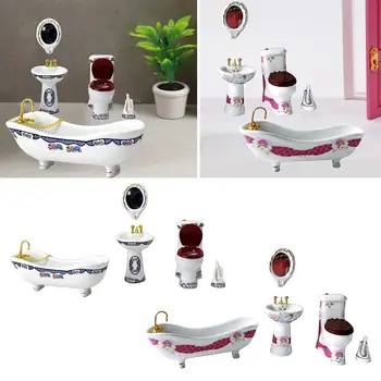 5 Adet 1/6 Dollhouse Porselen Banyo Seti Mobilya Minyatür Oyuncaklar Küvet Tuvalet Fırçası lavabo Ayna Süsler Kızlar