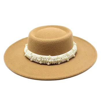 8 cm Kadın Porkpie Şapka Kubbe Sıcak Fedora Şapka Retro Tarzı Inci Zincir Panama Şapka Yaz sonbahar kış düz renk Panama şapka
