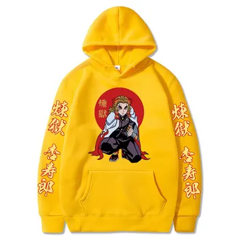 Anime Hoodie Rengoku Kyoujurou Hoodies iblis avcısı Tişörtü Cep Kazak Y2k Streetwear büyük beden kazak Erkek Giyim