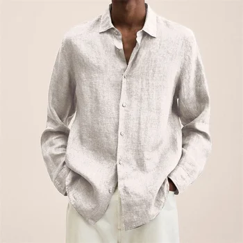 Bahar Erkek Gömlek Gevşek Keten Katı Uzun Kollu Turn-Aşağı Yaka Düğmesi Retro Sonbahar Katı Gömlek Erkek Bluz Seksi Üstleri