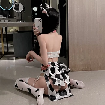 Cosplay Hizmetçi Üniforma Japon Tarzı Anime Kawaii Halter Mini Etek İnek Giyim Seksi Bikini İç Çamaşırı Lolita Kolsuz Seks Önlük