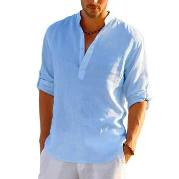 Dropshipping Yaz Casual Gömlek Erkekler için Pamuk Hattı Katı Gömlek Erkek Gevşek Üstleri Uzun Kollu Yakışıklı Erkek Giyim 2022