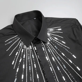 El yapımı Geometrik Metal Levha Dikiş erkek gömleği Kişilik Uzun kollu Lüks Gömlek Sosyal Parti Sahne Yıldızı Chemise Homme