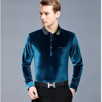 Erkek Altın Kadife Tee Gömlek İlkbahar ve Sonbahar Yumuşak Kadife Elbise Üstleri Erkek Rahat Uzun Kollu Kadife Düğmeler Gömlek
