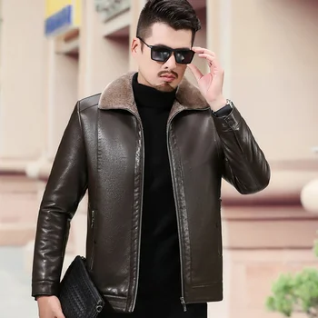 Erkek Bahar Kış Giyim Fermuar Koyun Hakiki Deri Uzun Kollu Boy Casual Slim Fit Ceket Ofis Iş Ceket M-7XL