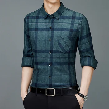 Erkek Düzenli fit Uzun Kollu Gömlek 2022 Yeni Bahar Sonbahar Erkekler Rahat Klasik Ekose Flanel Çin Gömlek Marka Giyim