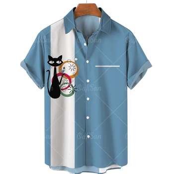 Erkek Gömlek 2022 Gevşek Nefes 3d Kedi Baskı Moda Serin Moda Hawaii Gömlek Plaj Parti Üstleri Kısa Kollu Yaz
