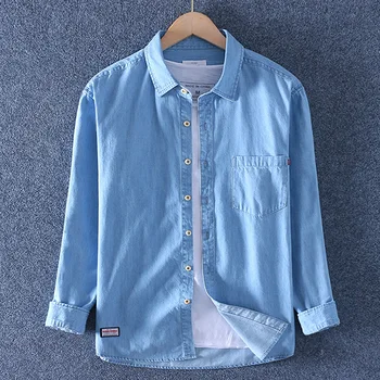 Erkek gömleği Vintage Mavi Denim Gömlek Uzun Kollu Pamuklu Erkek rahat giyim Genç Adam Genç Erkek Öğrenci Kot Elbise Üstleri