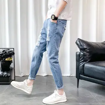 Erkek Kot Bahar Yaz Yırtık Delik Pamuk Slim-Fit Kore Tarzı Öğrenci Fermuar Kırpılmış Pantolon Denim kalem pantolon