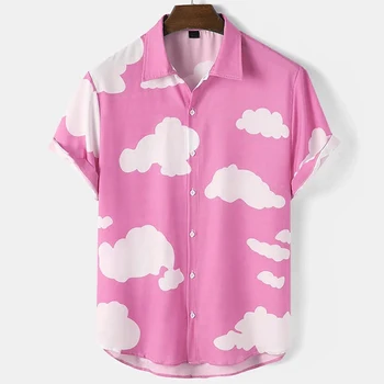 Erkek Kısa Kollu Gömlek Harajuku Yaz Spor Üst 3d Bulut Desen Moda Baskı Gömlek Büyük Boy Rahat Tatil Üst