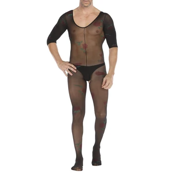 Erkek Siyah See-through Mesh Bodystocking Crotchless Bodysuit Yarım Kollu / Kolsuz Leotard İç Çamaşırı Pijama