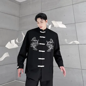 Erkek Çin Düğme Ejderha Nakış Standı Yaka Uzun Kollu Gevşek Casual Gömlek Erkek Streetwear Moda Hip Hop Gömlek Hırka