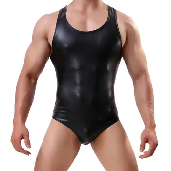 Erkekler Seksi Bodysuits Suni Deri Erotik Tulum Kulübü Sahne Kostüm PU Deri Eşcinsel Seks İç Çamaşırı Tek Parça Bodysuits Erkek Clubwear