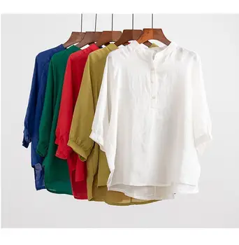 FLC Yeni Tasarım Katı Keten Gömlek Kadınlar İçin 2022 Yaz Yeni Rahat Beş Noktalı Kollu Üstleri Pamuk Keten T-shirt Kadın Bluz 4xl