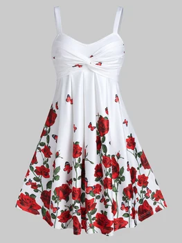 Gül Çiçek Baskı Yüksek Bel Bir Çizgi Yaz Seksi Elbise Spagetti Kayışı Kadın Mini Elbise Gece Kulübü Parti Elbise Rahat Ev Elbise