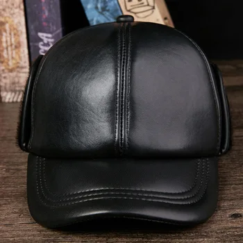 H7635 Hakiki Deri Siyah siperlikli şapka erkek Koyun Derisi Kış sıcak Kalınlaşmış Kap Orta Yaşlı Erkek Açık kulak koruyucu Şapkalar