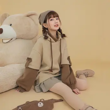 Harajuku Estetik Ayı Anime Hoodie Kadınlar Kore Kawaii Crewneck Uzun Kollu Büyük Boy Streetwear Kpop Y2K Kış Giysileri Üstleri