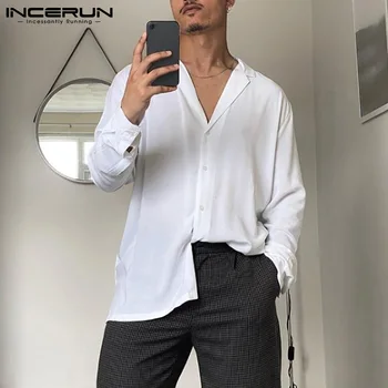 INCERUN Üstleri 2022 Yeni erkek Şık Gömlek Uzun Kollu Eğlence Tüm Maç Basit Giyim Gömlek Gevşek Casual Streetwear Bluz S-5XL