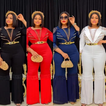 İlkbahar Sonbahar Afrika Kadınlar Katı Renk Üç Çeyrek Kollu Polyester Uzun Tulum Kadınlar için Afrika Giysi L-3XL