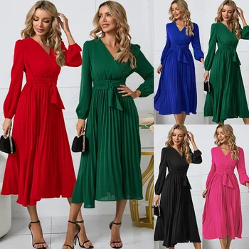 İlkbahar ve Sonbahar 2023 Yeni Uzun Kollu İnce Pilili Kemer V Yaka Elbise Düz Renk Büyük Parti Zarif kadın Elbise S-2XL
