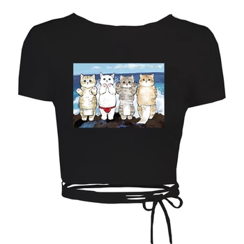 Japon Kedi baskı t-shirt kadın İnce Kısa Kırpma Üst sırtı açık tişört Streetwear kadın kıyafetleri Kısa Kollu bayan parti giysileri