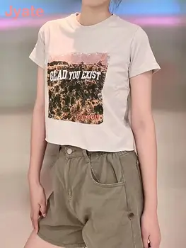 Jyate Mektup Grafik Y2k Kırpma Üst Kadınlar Yaz Casual O Boyun Kısa Kollu Pamuklu T Shirt Kadın Vintage Streetwear bol tişörtler