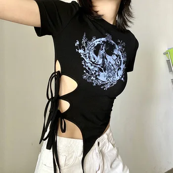 Kadın Bahar Kesme T-shirt Düzensiz Kravat Hayvan ve Bitki Baskı Kısa Kollu Yuvarlak Boyun Kazak Streetwear Y2K Tees