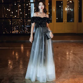 Kadın Kapalı Omuz Akşam Parti Elbise Sequins Seksi Bağcık Uzun Gece Elbisesi Cheongsam Asil Robe De Soiree