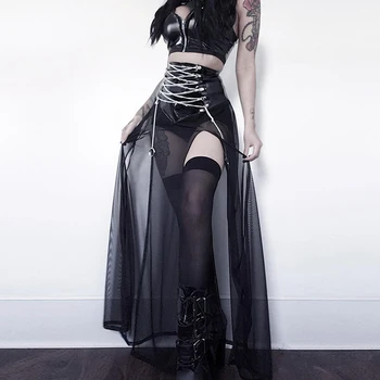 Kadın Kutup Dans Clubwear Kostüm Etekler Wetlook Patent Deri Etek Gotik Tarzı Dans Elbise Metal Zincir Dantel-up Şeffaf Etek