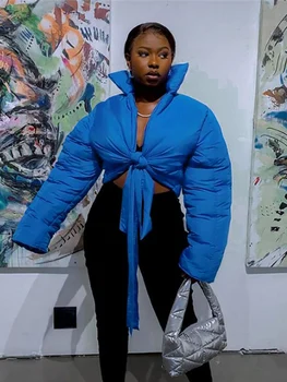 Kadın Kırpılmış Lace Up Parkas Y2k Kirpi Pamuk Parkı Yastıklı Bandaj Ceket Yaka Seksi Streetwear Kadın Kadın Dış Giyim Kış