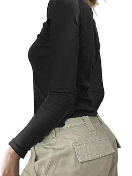 Kadın Moda Vahşi T-Shirt Taklidi Kalp Yuvarlak Boyun Uzun Kollu Dip Gömlek İlkbahar Sonbahar Slim Fit Üstleri Streetwear