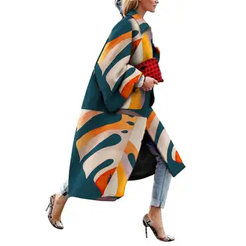 Kadın Rahat Ceket Yatak Açma Yaka Geometrik Desen Büyük Alevlendi Kollu Sonbahar Kış Sıcak Tutmak Ofis Bayan Uzun Palto Palto