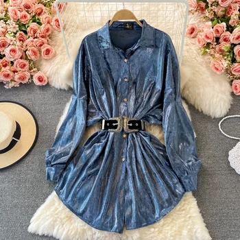 Kadın Retro Etek İlkbahar ve Sonbahar Mizaç Yaka Şık Düğme evaze elbise Kore Rahat Puf Kollu İpli Elbise