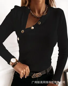 Kadın Siyah Uzun Kollu Düğme Dekor Nervürlü Üst Seksi Moda Rahat Y2K Tops T Gömlek