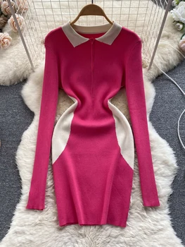 Kadın Sonbahar Kış Elbise Yüksek Kaliteli Kontrast Renk POLO Yaka Örme Elbise Küçük İnce Uzun kollu Kalça Kısa Elbise D1897