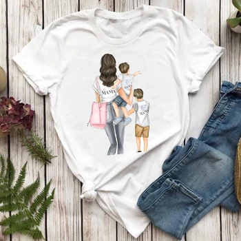 Kadın T-shirt 90s Moda Sevimli Anne Anne Oğul Tatlı Anne Karikatür Bayanlar Baskı Grafik T Üst Bayan Gömlek Seyahat Tee T-Shirt