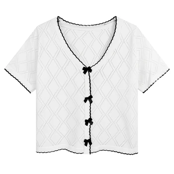 Kadın Yaz 2021 Yeni V Yaka Gevşek Kısa Üstleri İlmek Düğmesi Beyaz İnce T-shirt Buz İpek Kısa kollu Kazak T-shirt Tatlı