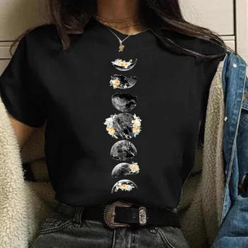 Kadın Yaz T Shirt Kadın Yarım Ay Baskı Harajuku 90s Üstleri Tee Kadın O-boyun Kısa Kollu Moda günlük t-shirt Kadın T-shirt